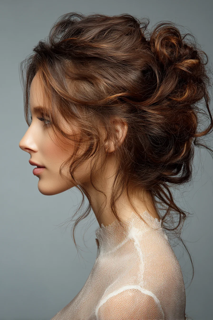 Textured Romantic Messy Updo with Face‑Framing Tendrils