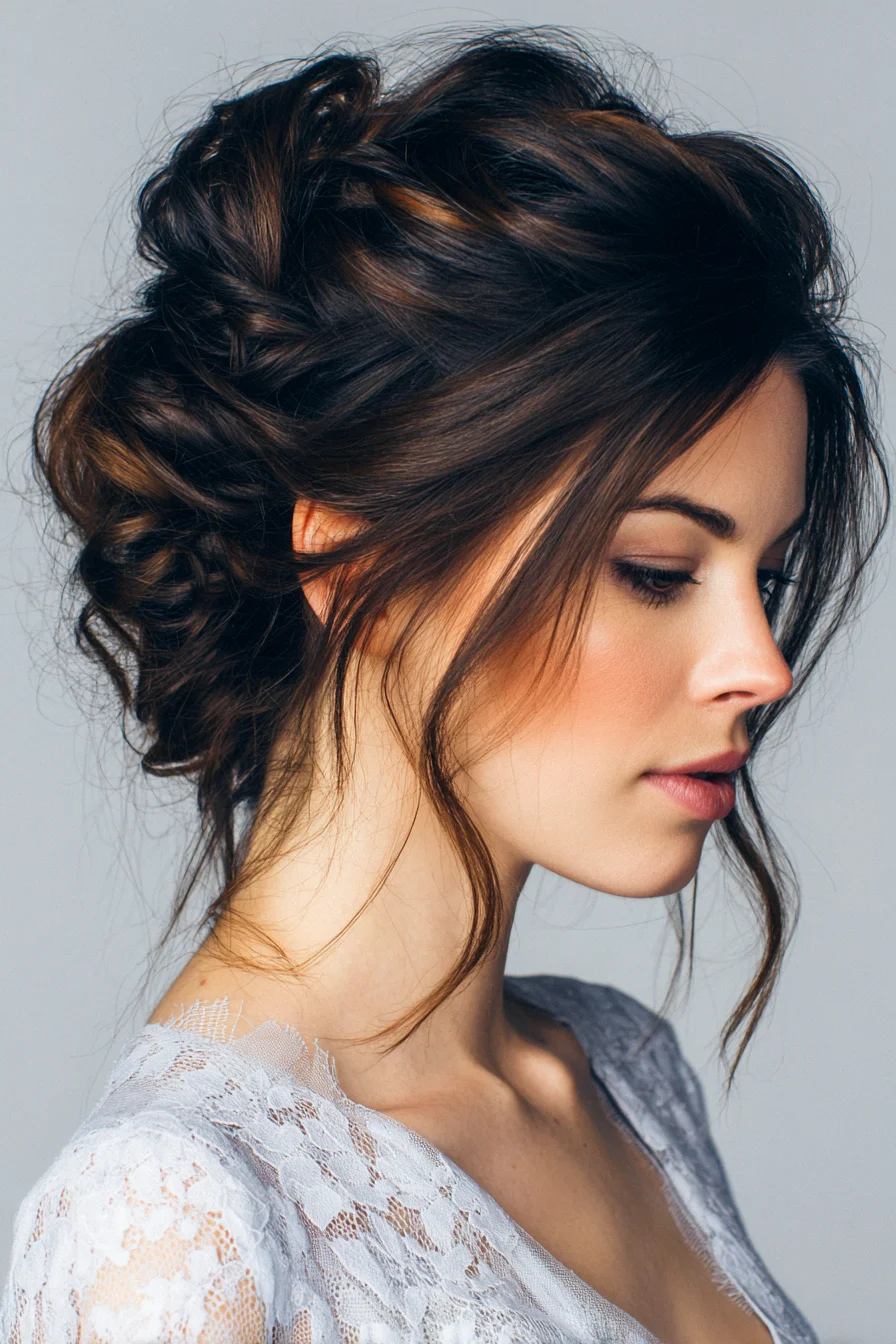 Textured Romantic Messy Updo with Face‑Framing Tendrils
