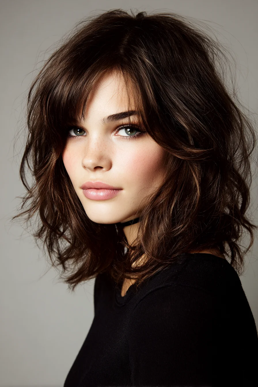 Textured Shag Lob with Curtain Bangs — Tousled Layered Medium Cut