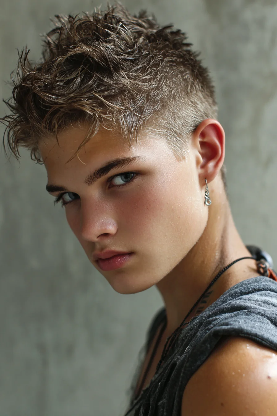 Textured Short Crop with Tapered Sides and Spiky Wet-Look Top