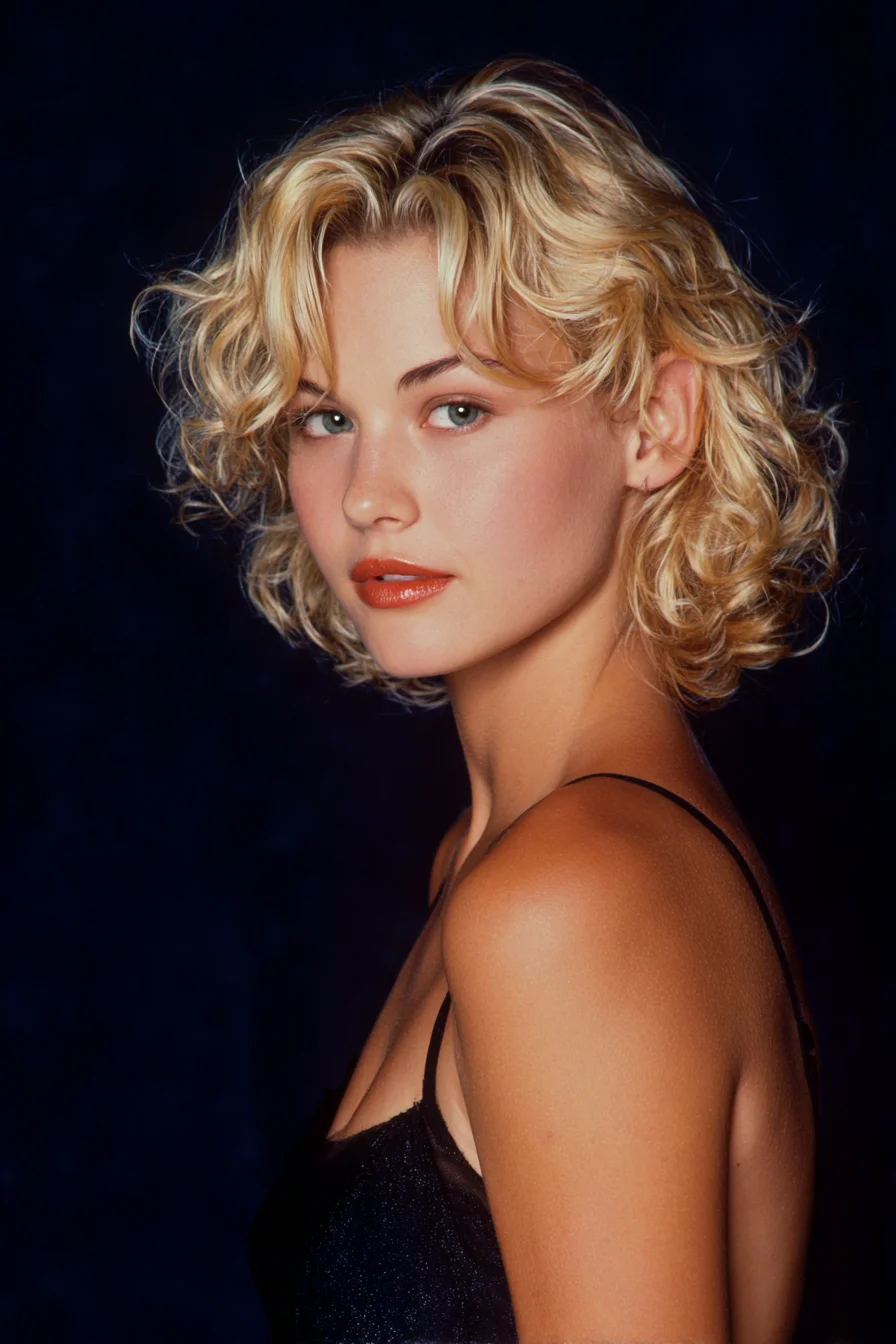 Textured Short Curly Blonde Bob with Face‑Framing Curtain Bangs