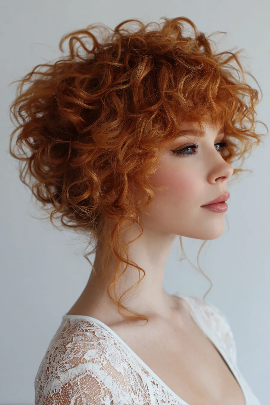 Textured Short Curly Bob with Soft Fringe — Voluminous Red Curls