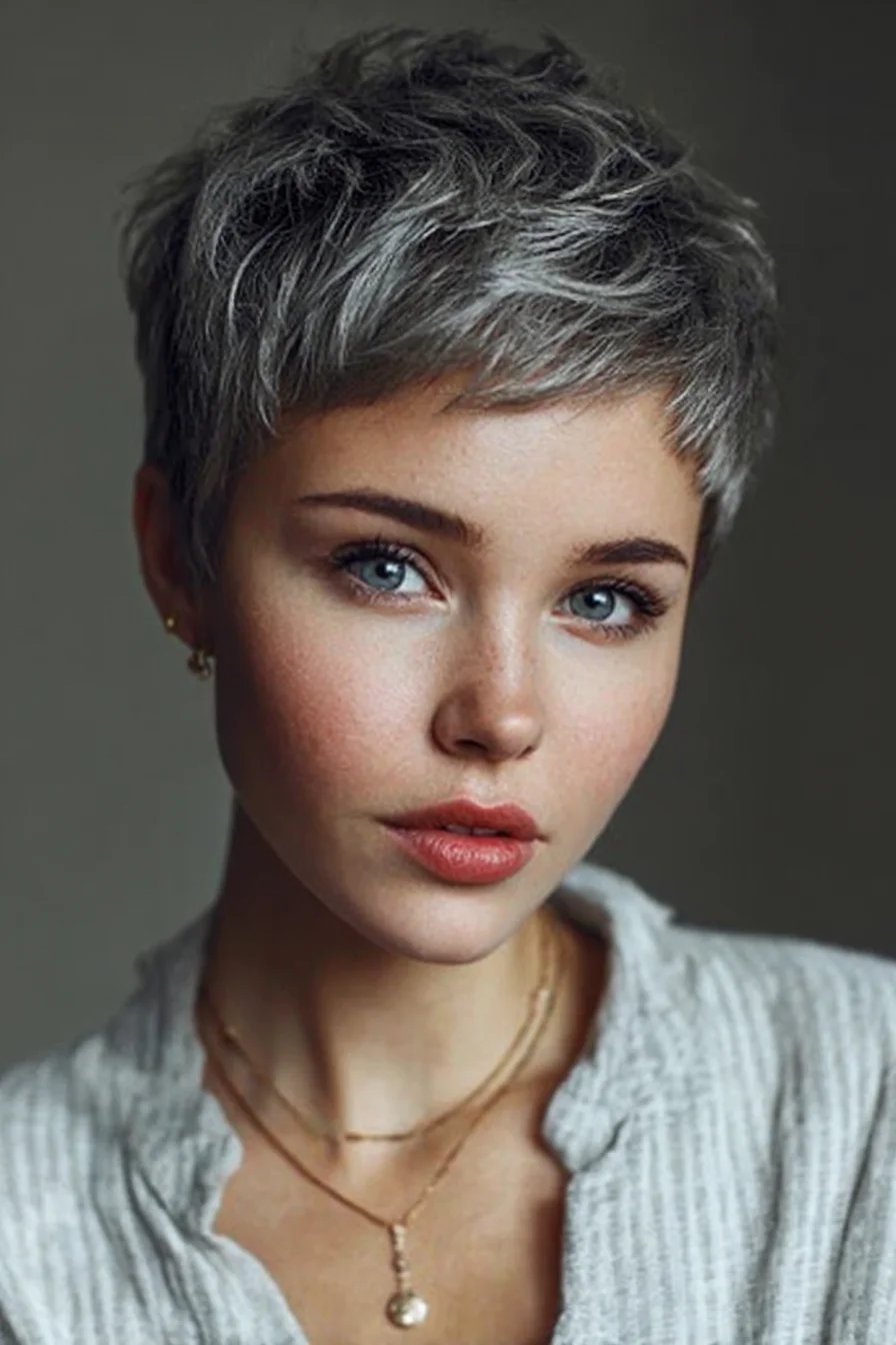 Textured Short Pixie with Choppy Fringe — Silver/Grey Pixie Cut