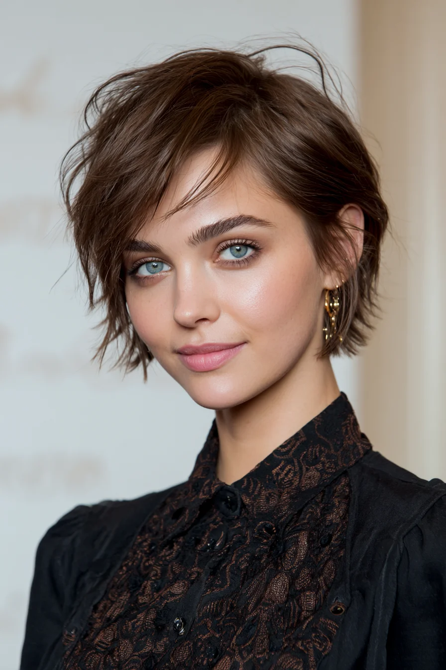 Textured Short Shag Pixie with Choppy Layers and Side‑Swept Fringe