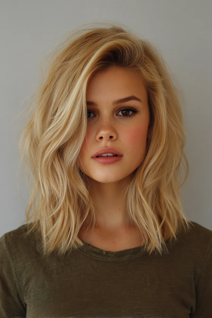 Textured Shoulder-Length Blonde Lob with Face-Framing Layers