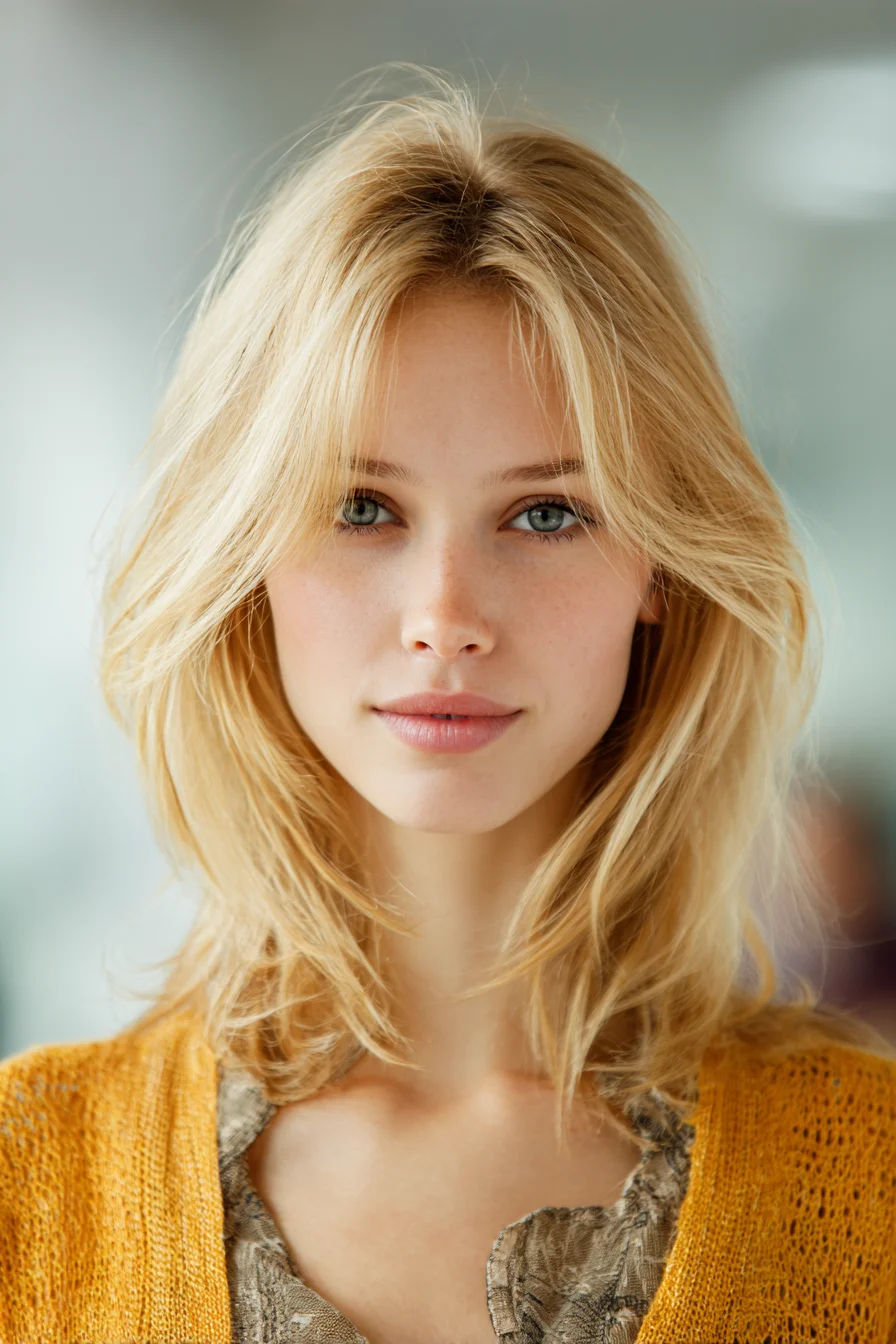 Textured Shoulder-Length Blonde with Curtain Bangs
