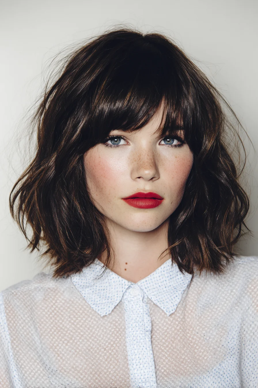 Textured Shoulder-Length Bob (Lob) with Blunt Fringe