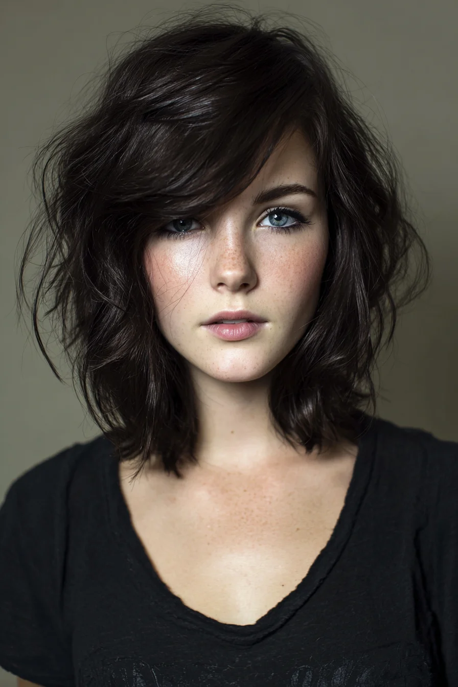 Textured Shoulder-Length Bob with Side-Swept Bangs