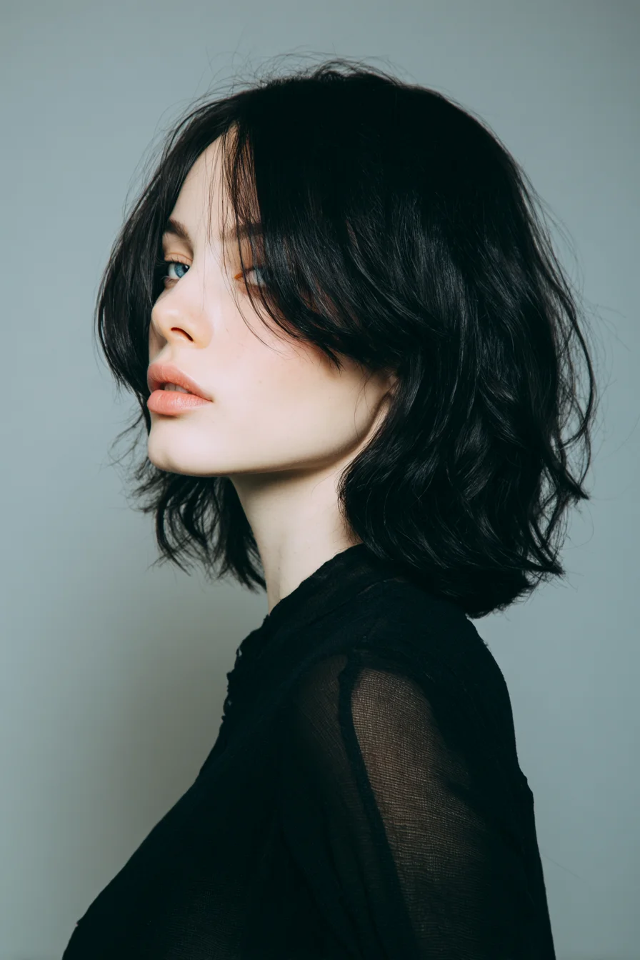 Textured Shoulder-Length Bob with Soft Curtain Bangs
