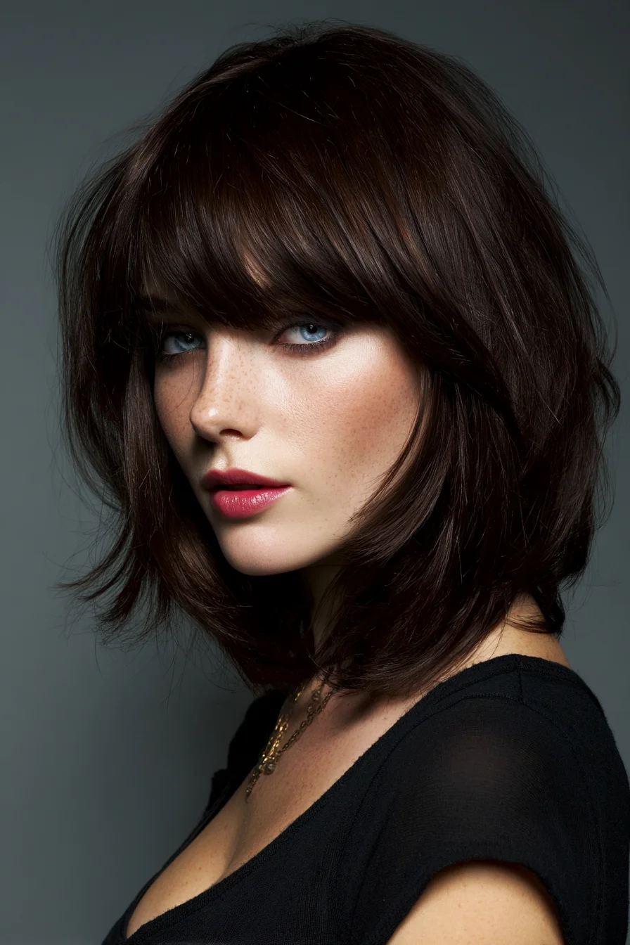 Textured Shoulder-Length Layered Bob with Curtain Bangs