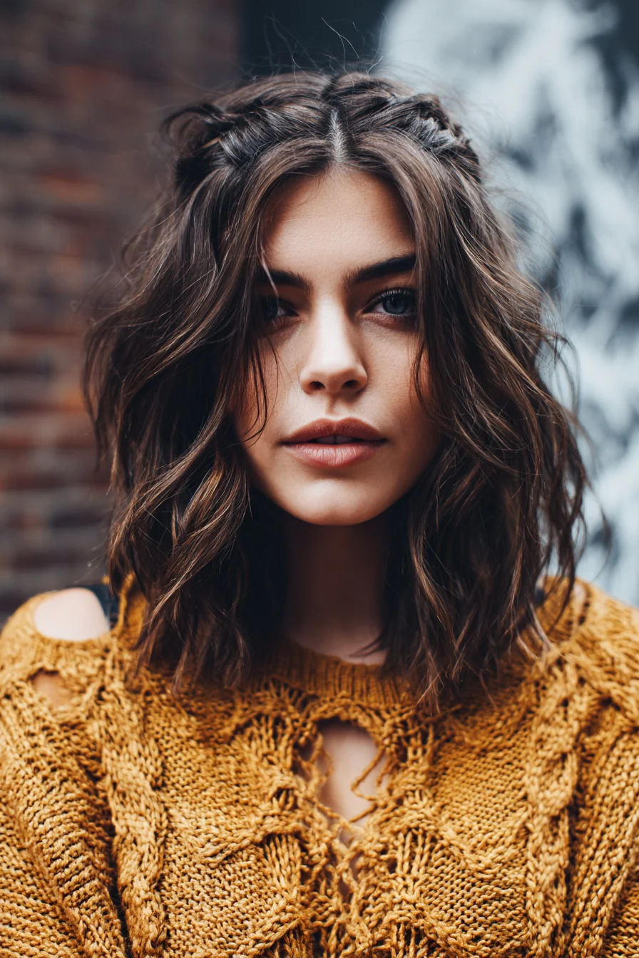 Textured Shoulder-Length Lob with Loose Waves and Mini Top Braids