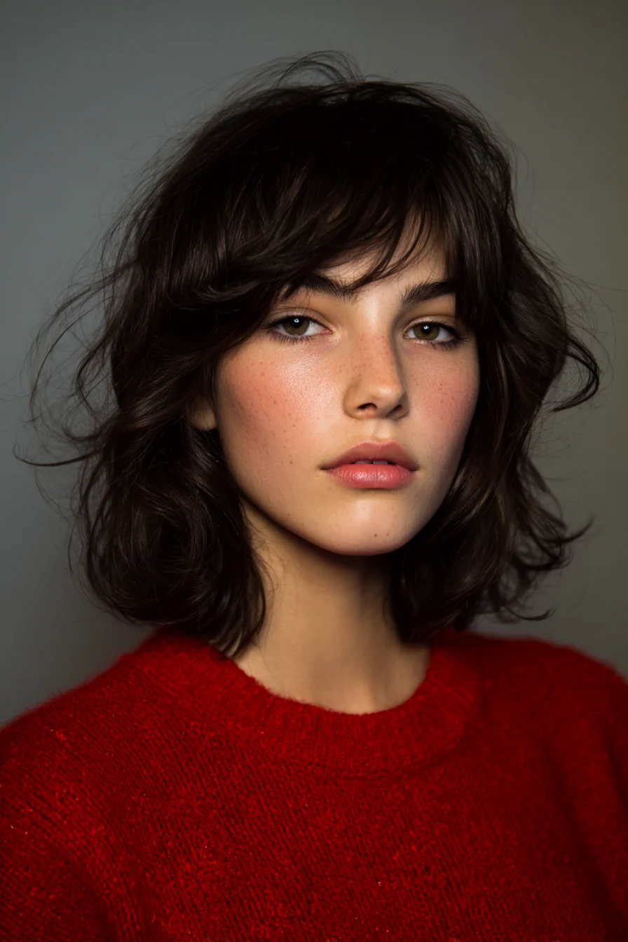 ## Textured Shoulder-Length Lob with Soft Curtain Bangs