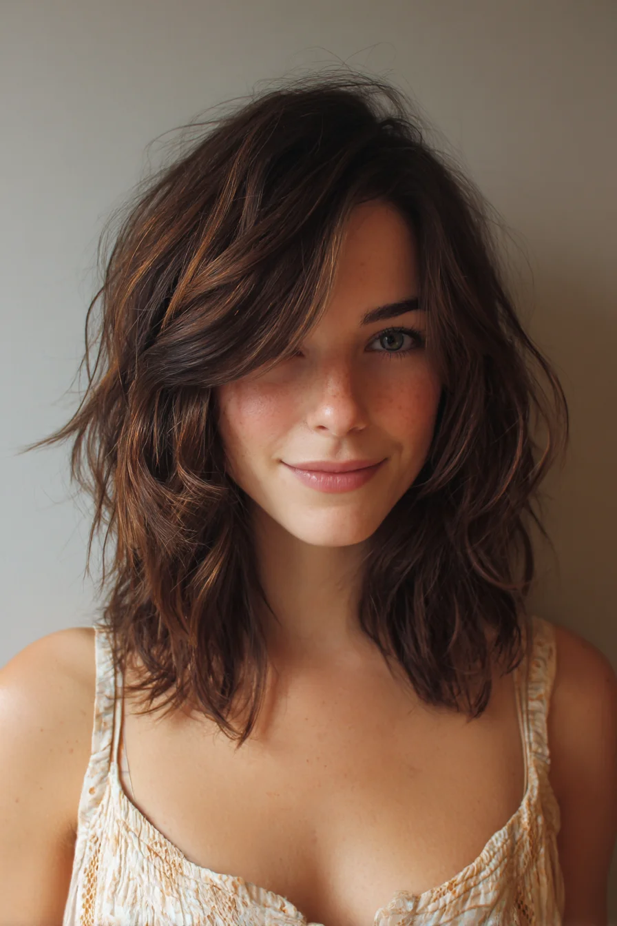 Textured Shoulder-Length Shag with Side-Swept Curtain Bangs