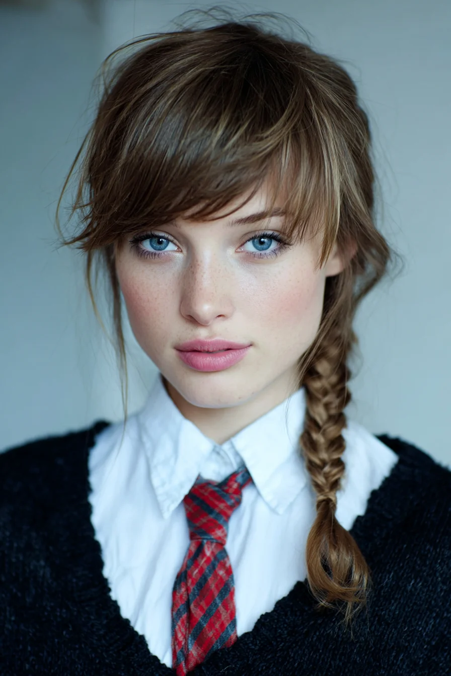 Textured Side Braid with Curtain Bangs