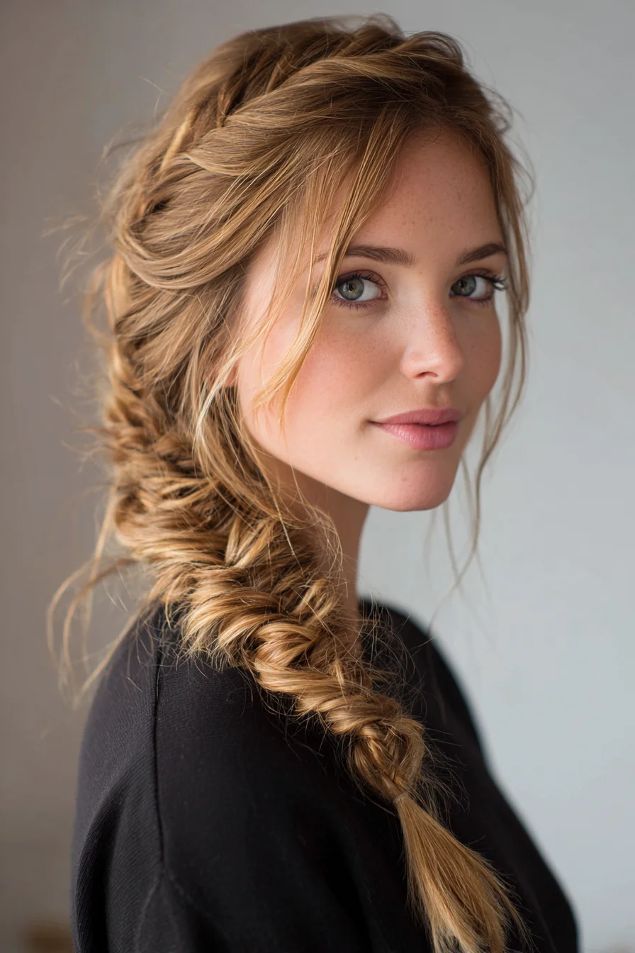Textured Side Fishtail Braid with Face‑Framing Pieces