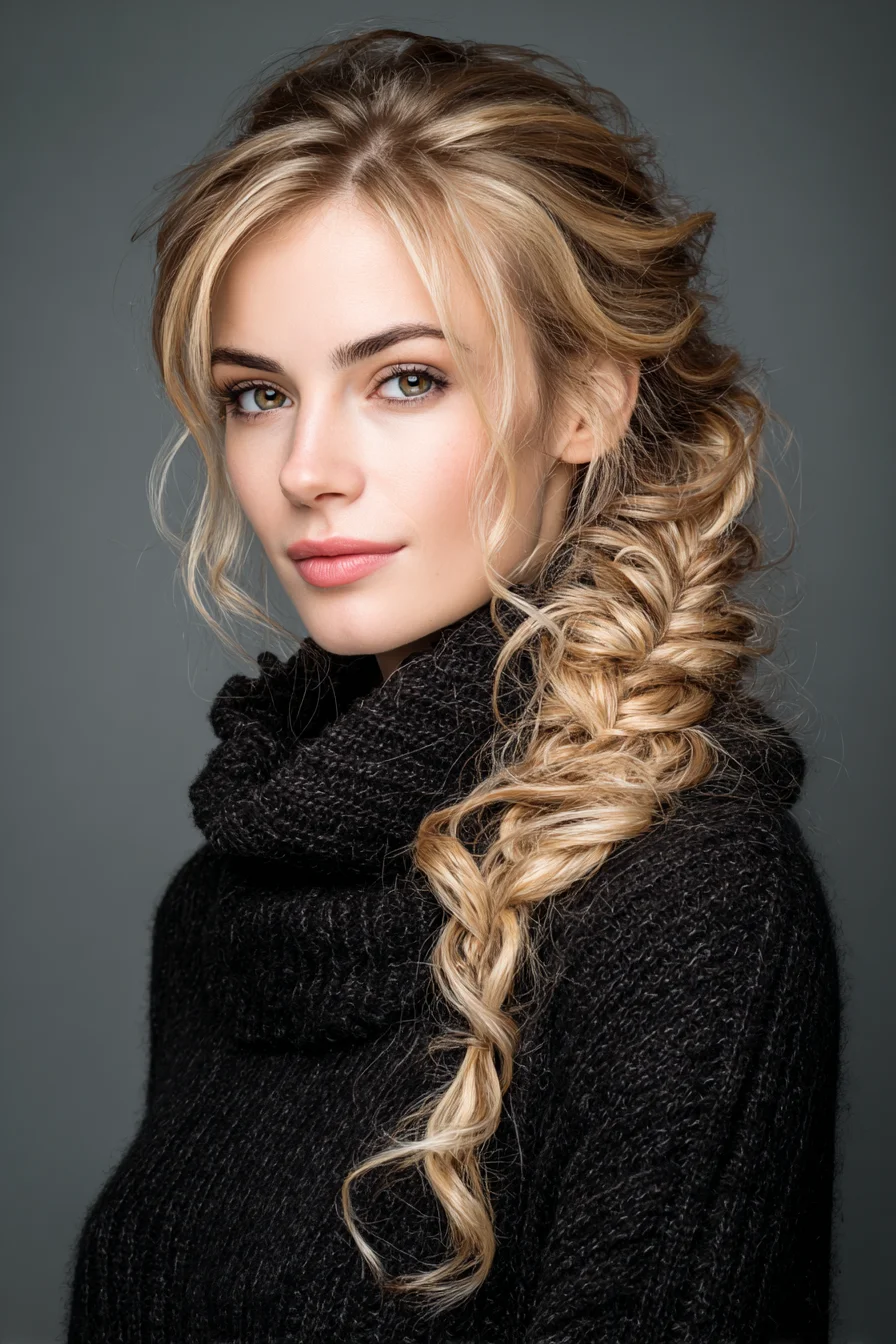 Textured Side Fishtail Braid with Soft Face‑Framing Tendrils