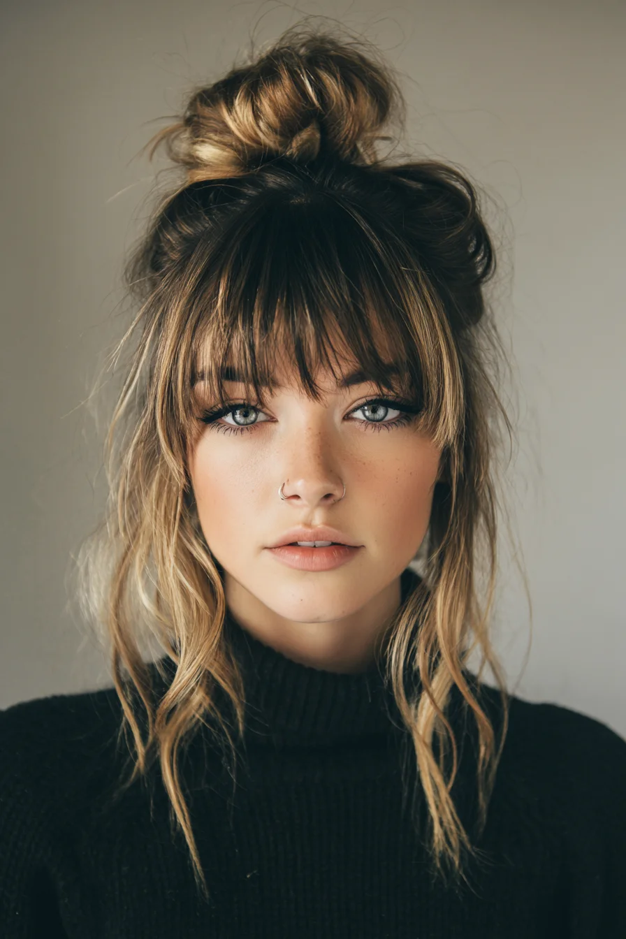 Textured Top Knot Bun with Curtain Bangs and Face‑Framing Waves