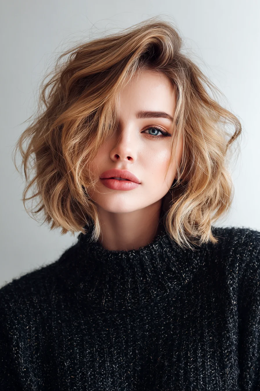 Textured Tousled Blonde Lob with Side-Swept Layers