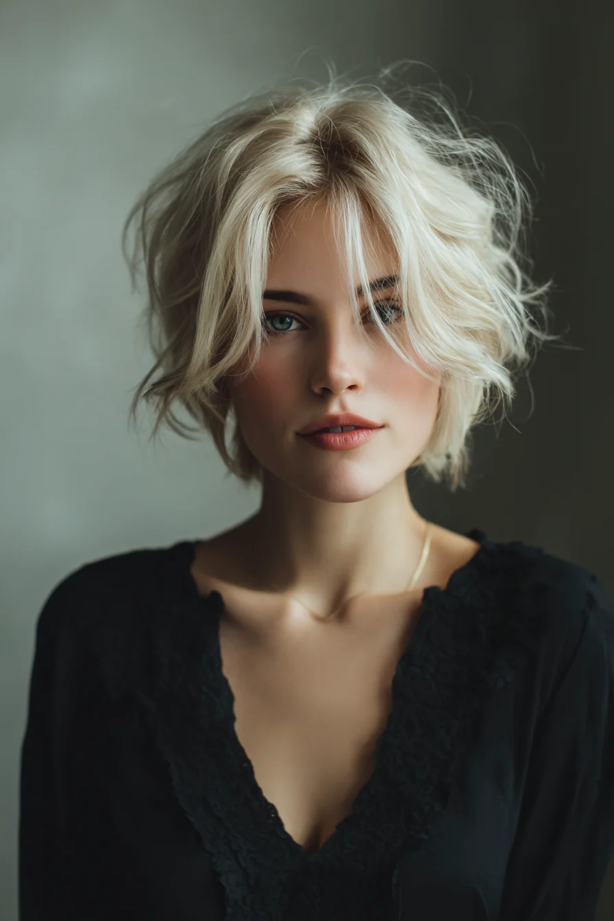 Textured Tousled Blonde Short Bob with Curtain Bangs