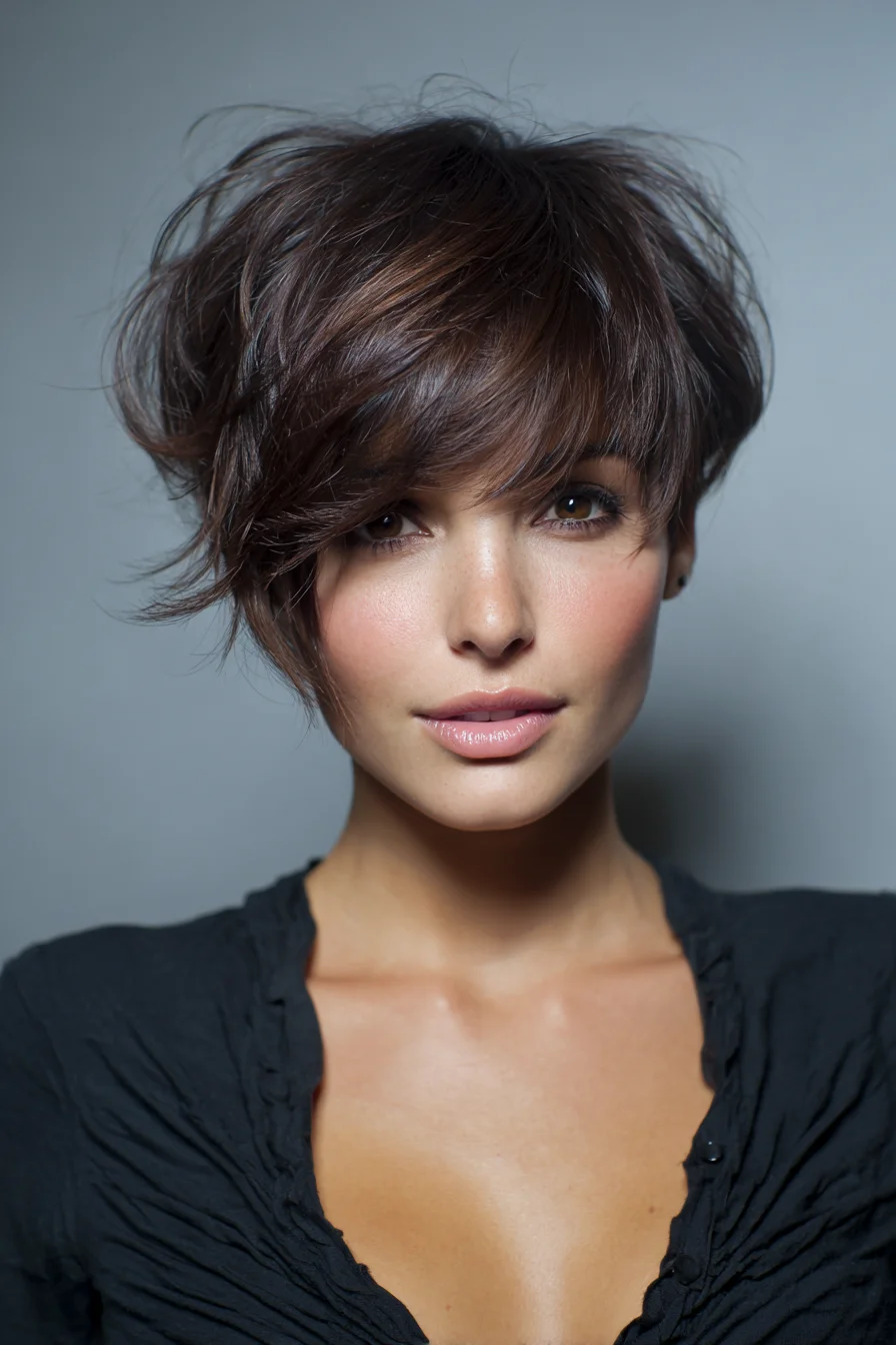 Textured Tousled Pixie with Long Side‑Swept Fringe