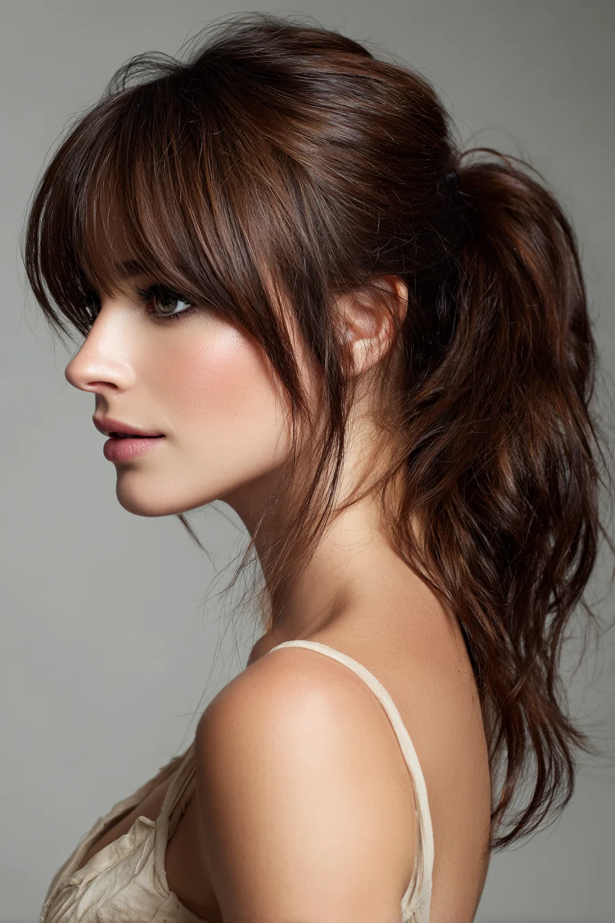 Textured Tousled Ponytail with Curtain Bangs and Face‑Framing Layers