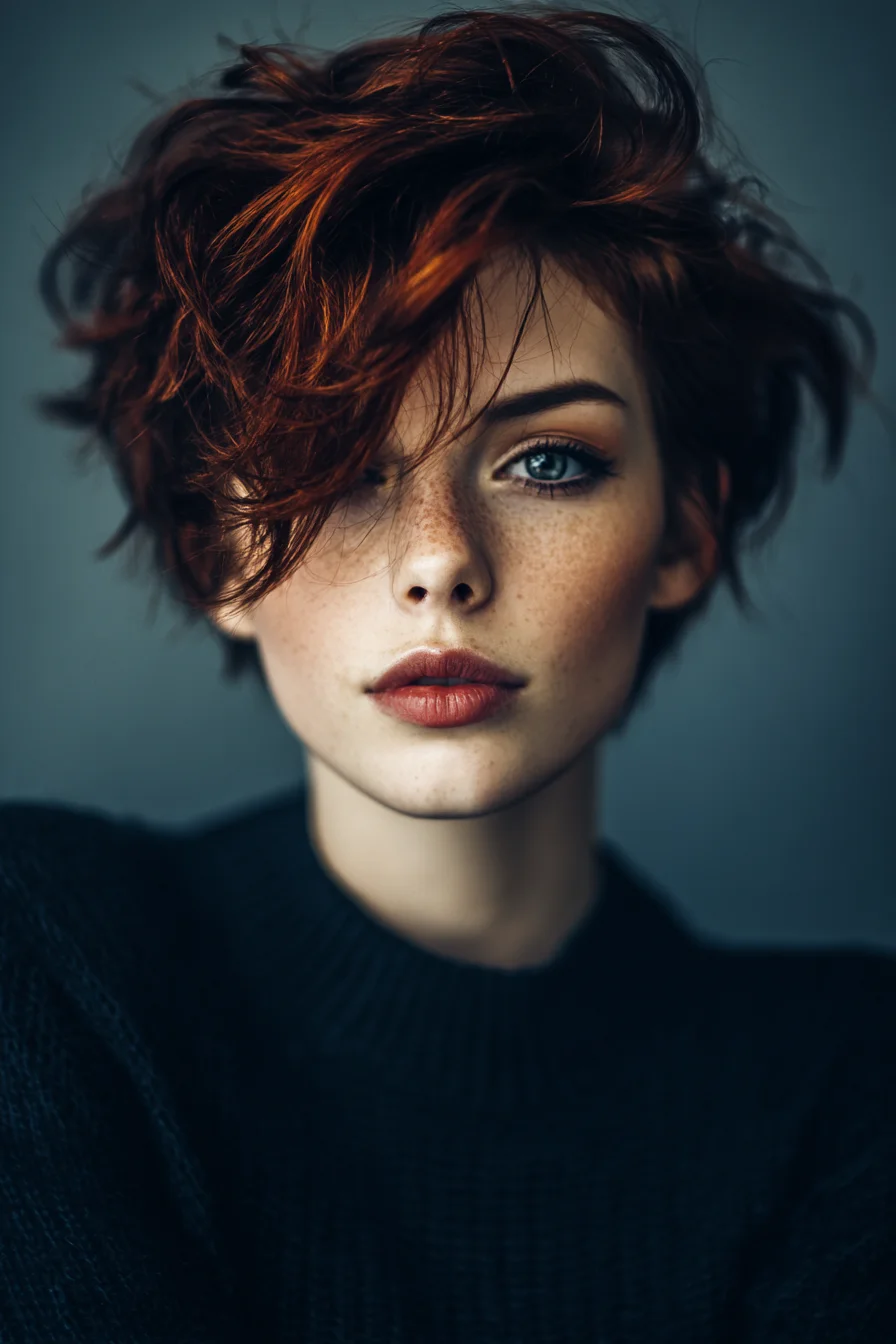 Textured Tousled Red Pixie with Side‑Swept Fringe