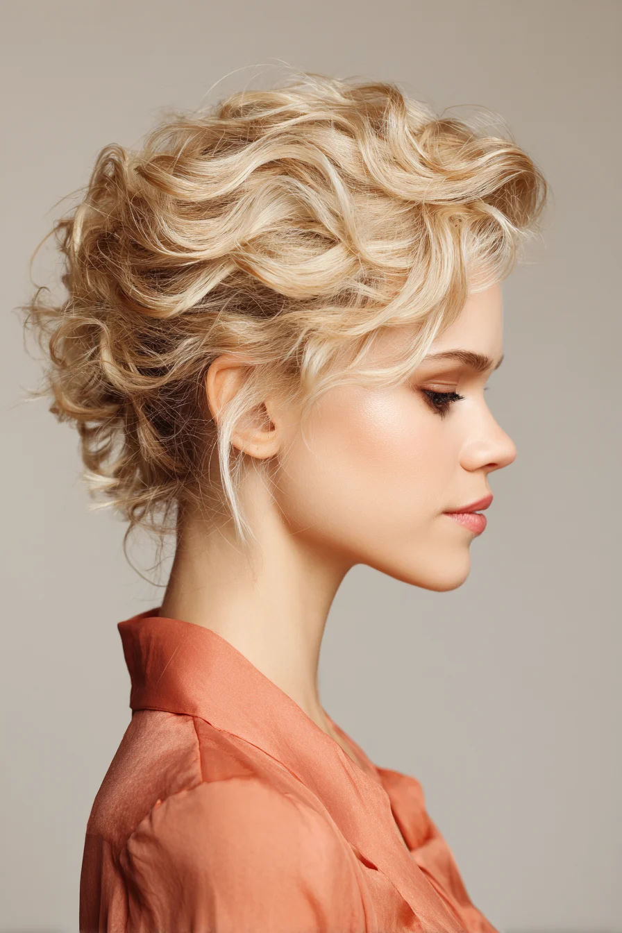 Textured Tousled Short Curly Updo with Face‑Framing Waves