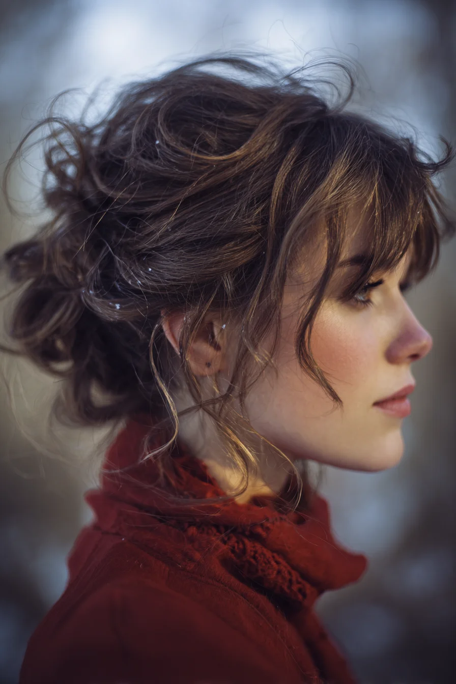 Textured Tousled Updo with Wispy Face‑Framing Pieces