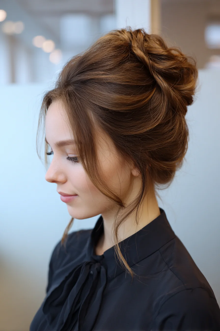 Textured Twisted Updo Bun with Face‑Framing Tendrils