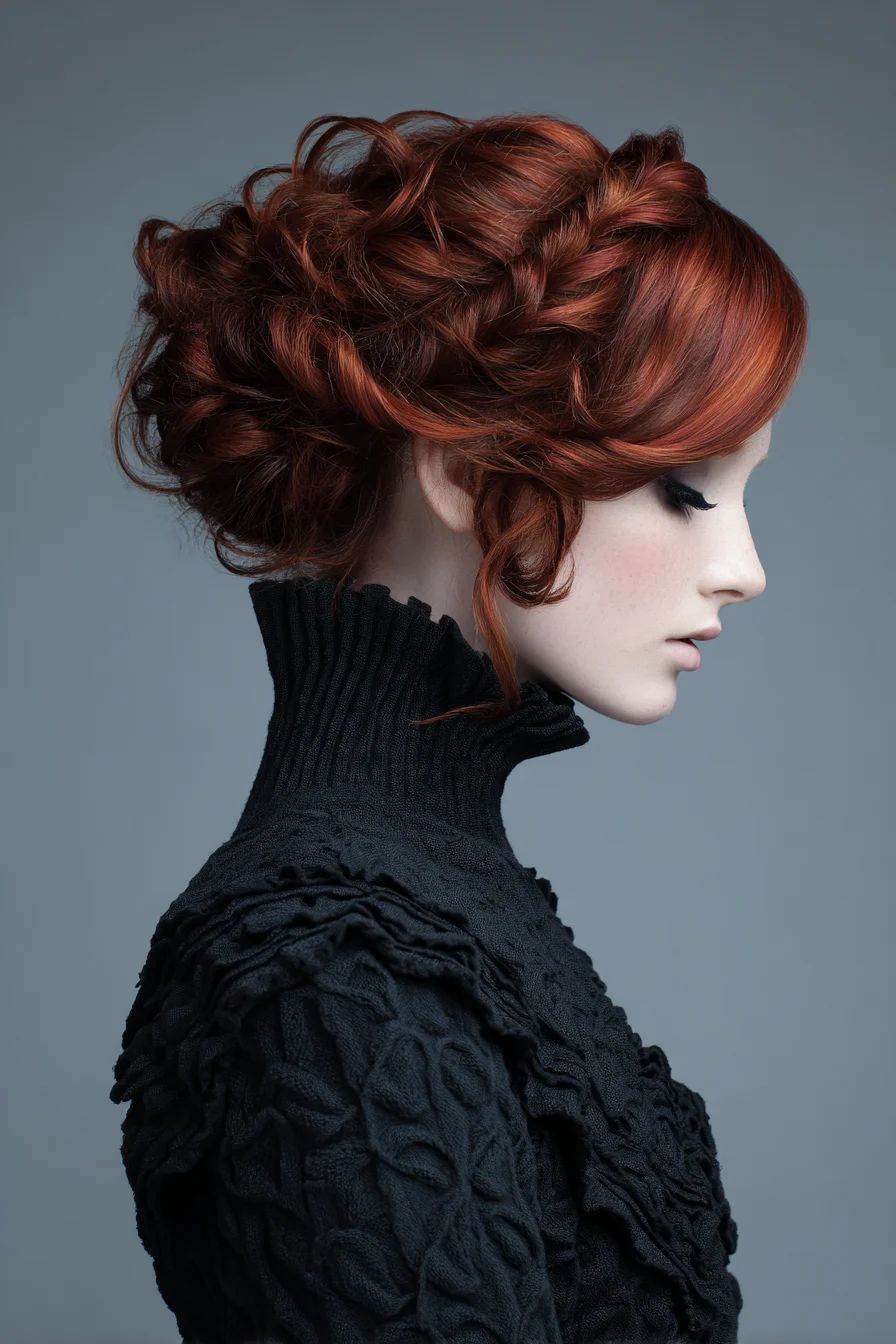 Textured Twisted Updo with Face‑Framing Fringe — Red Hair Updo