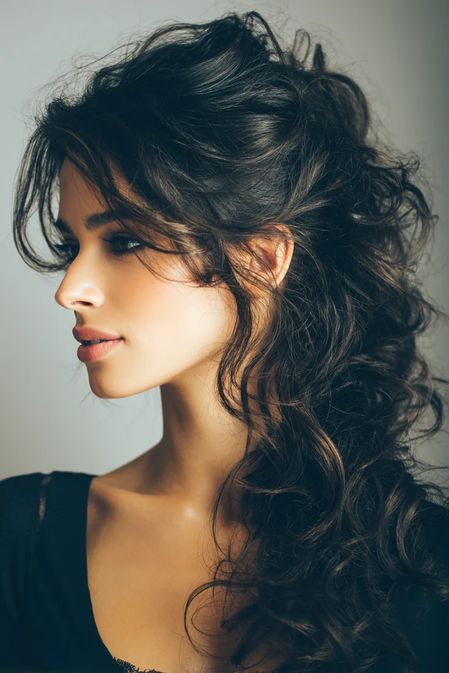 Textured Voluminous Curly Half-Up Ponytail with Face‑Framing Layers