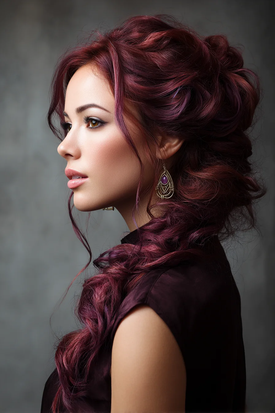 Textured Voluminous Side Braid with Burgundy Waves