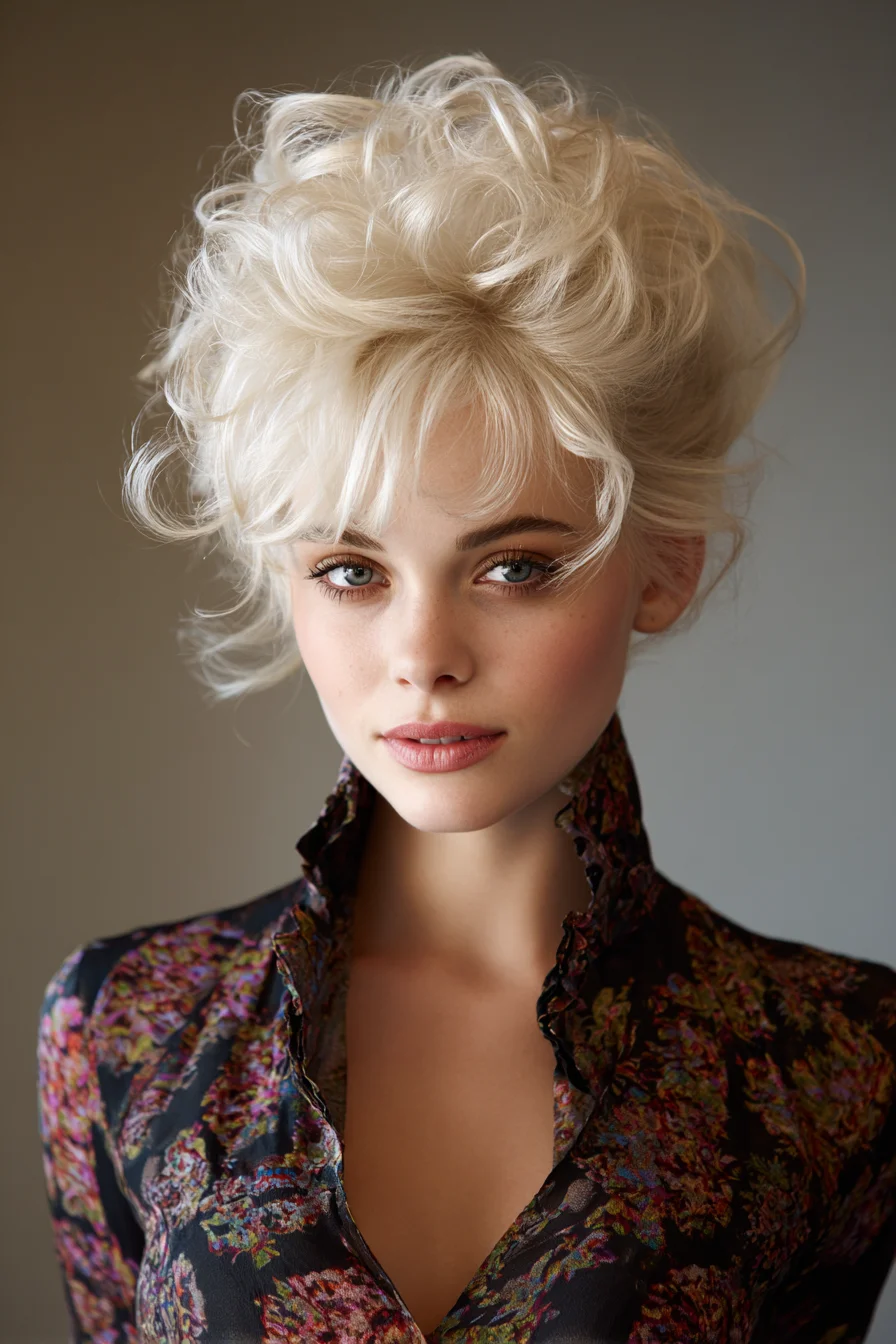 Textured Voluminous Tousled Updo with Wispy Fringe (Platinum Blonde)