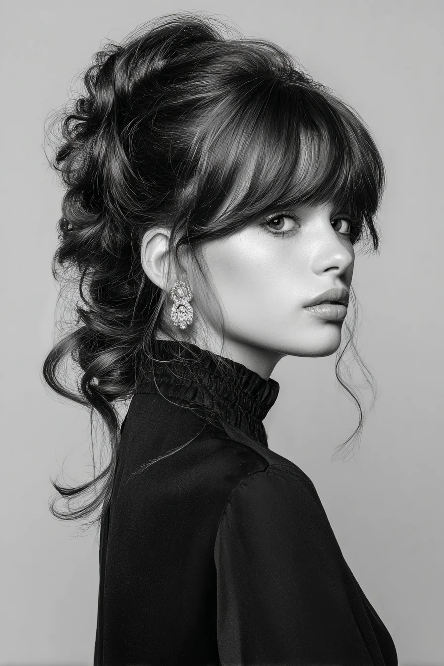 Textured Voluminous Updo with Curtain Bangs and Face‑Framing Tendrils