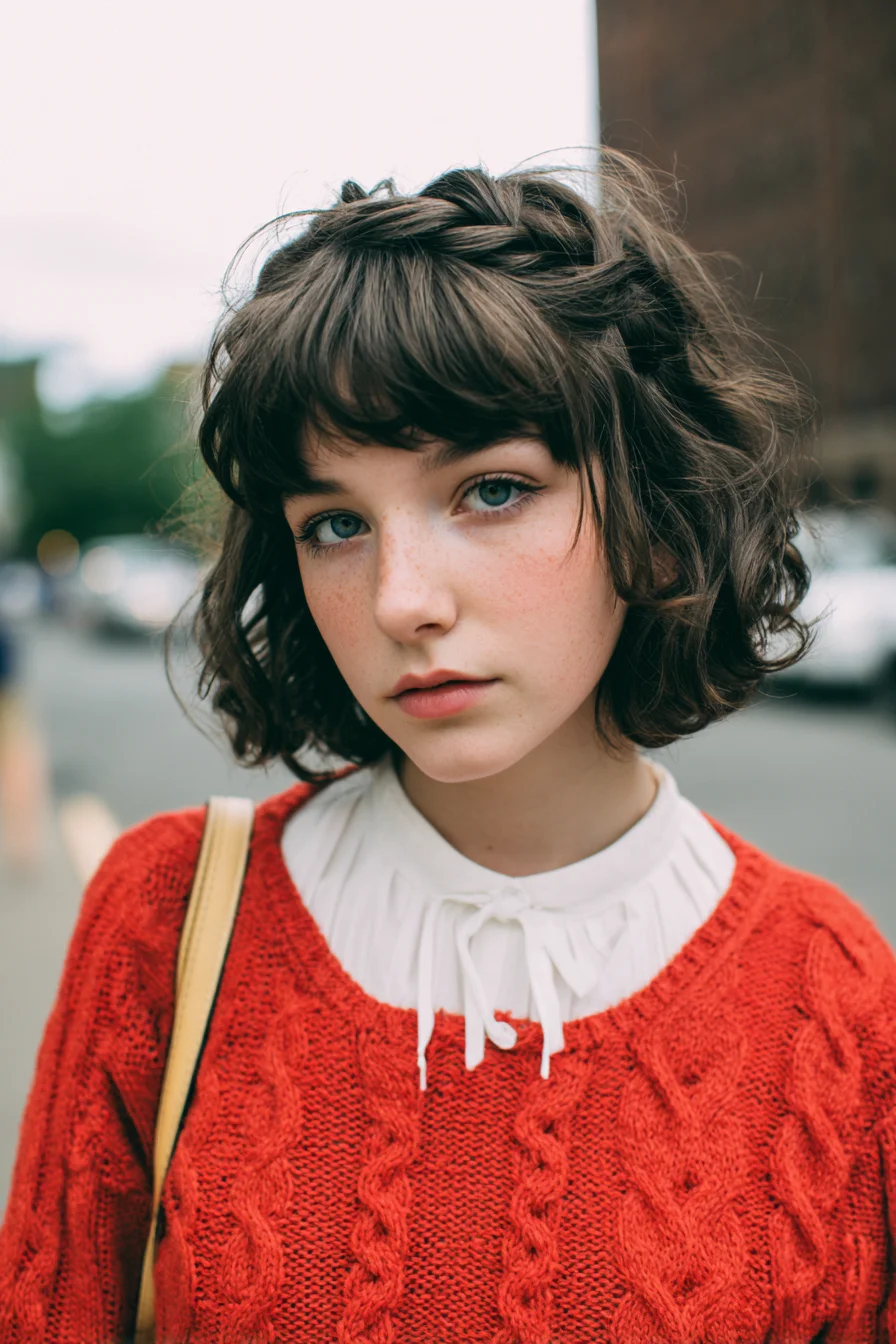 Textured Wavy Bob with Braided Fringe and Curtain Bangs