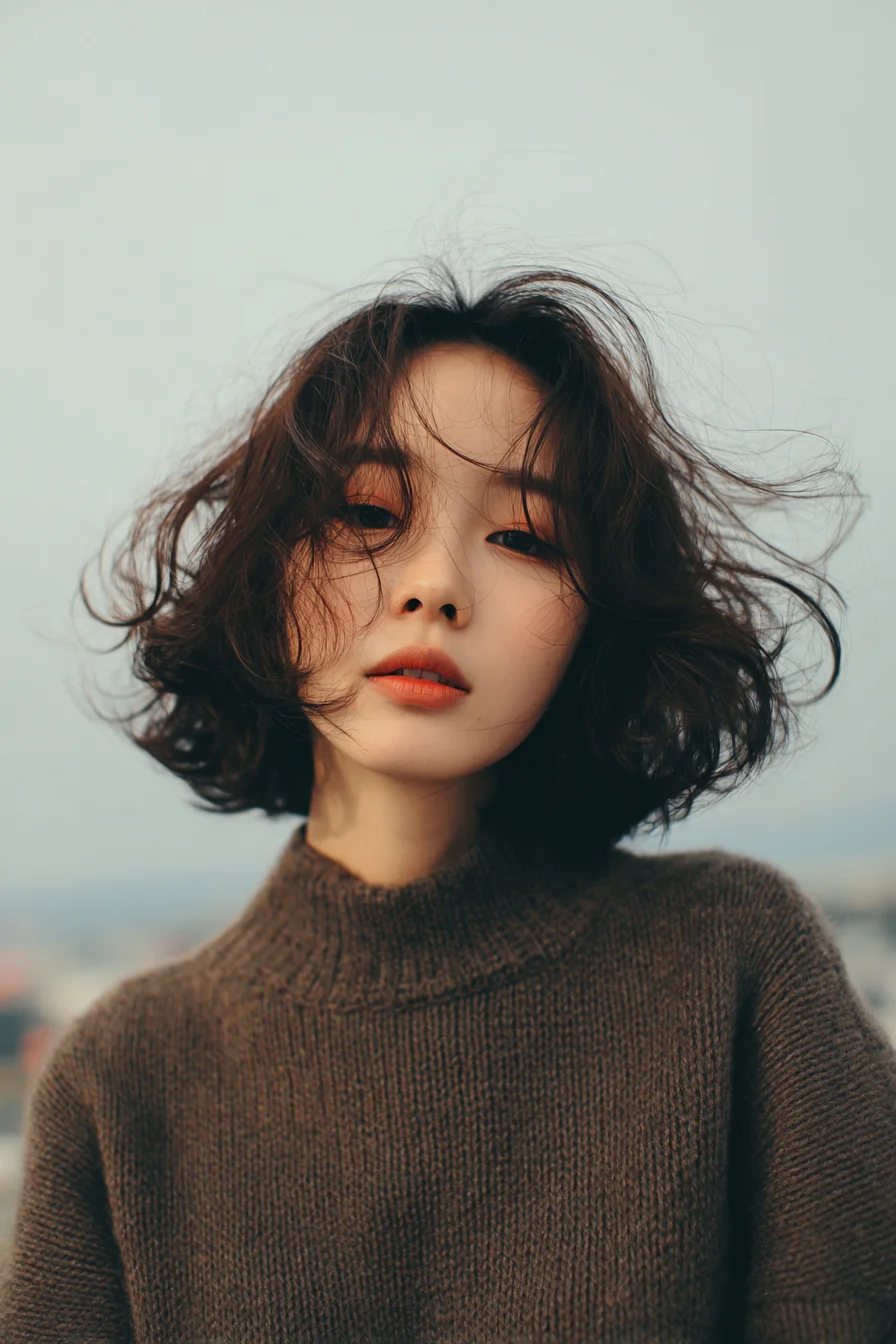 Textured Wavy Chin-Length Bob with Soft Curtain Fringe