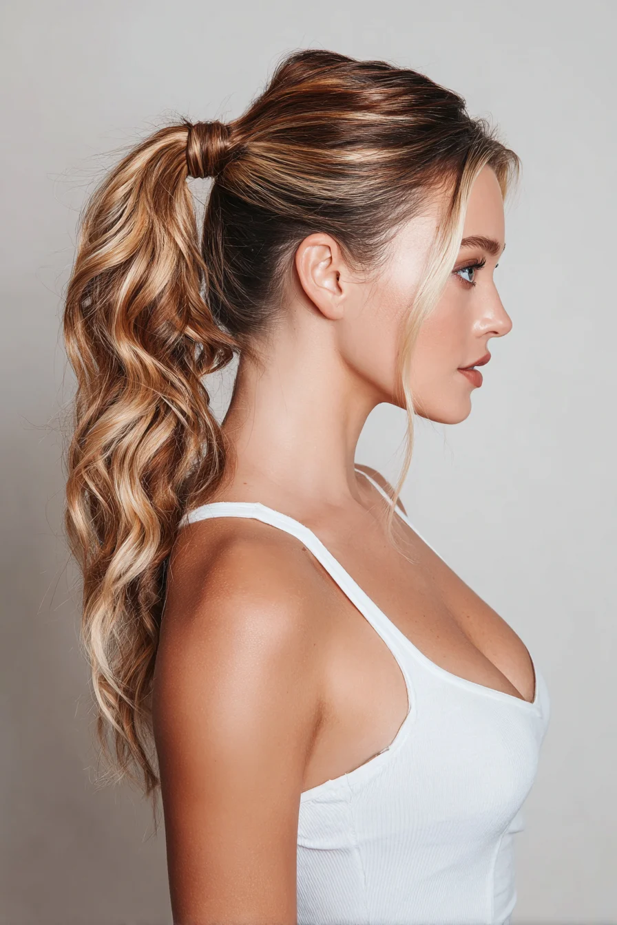 Textured Wavy High Ponytail with Face‑Framing Tendrils