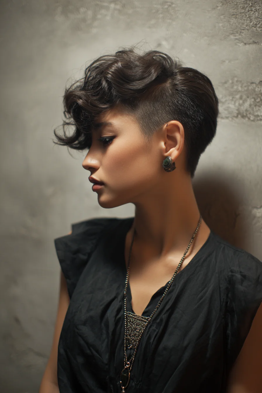 Textured Wavy Pixie Undercut with Voluminous Top and Tapered Sides