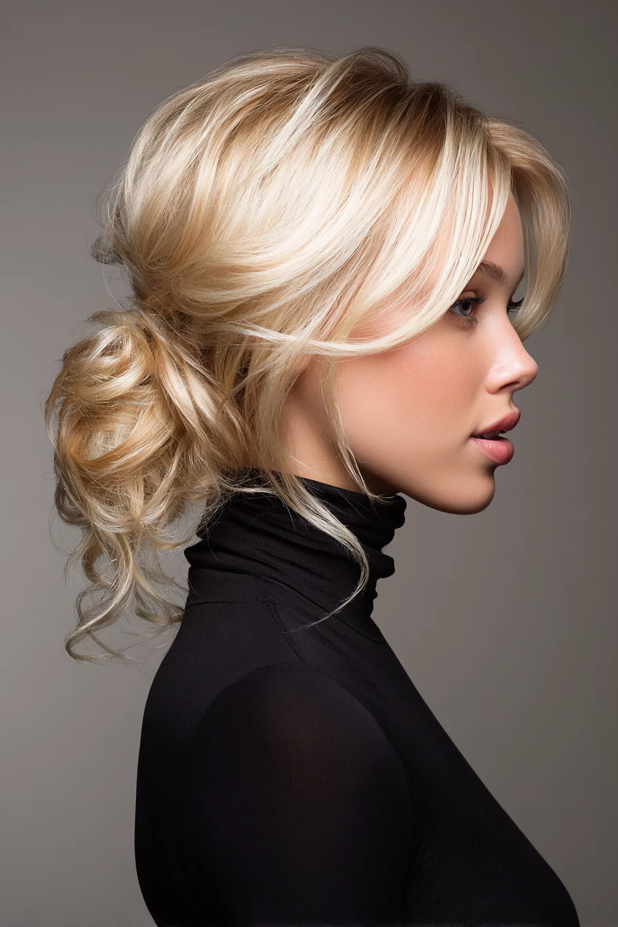 Tousled Low Bun with Face‑Framing Curtain Bangs