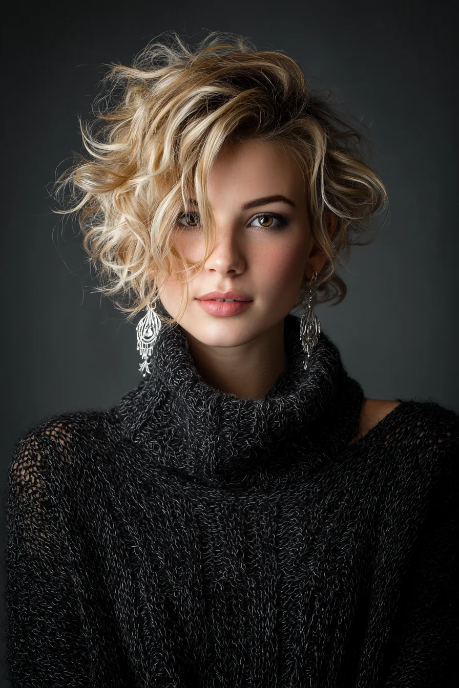 Tousled Short Blonde Curly Bob with Side‑Swept Pieces