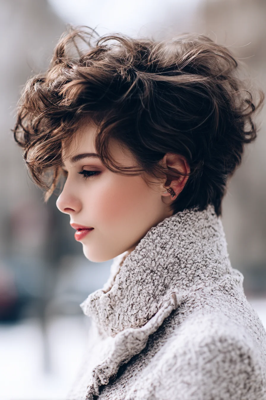 Tousled Textured Curly Pixie with Long Side-Swept Fringe