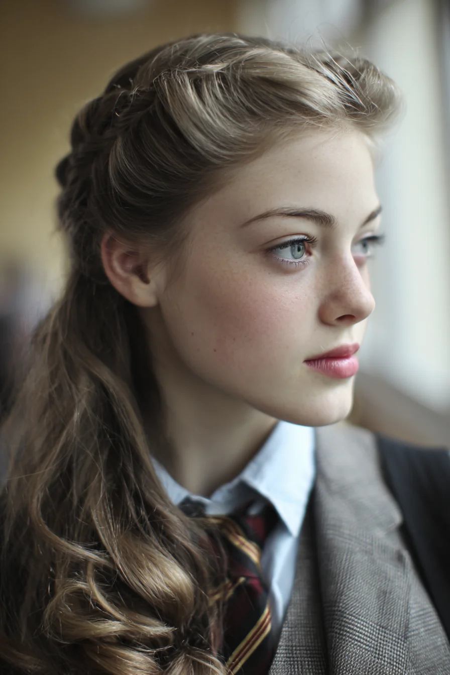 Twisted Half-Up with Soft Waves — Braided Crown for Long Hair