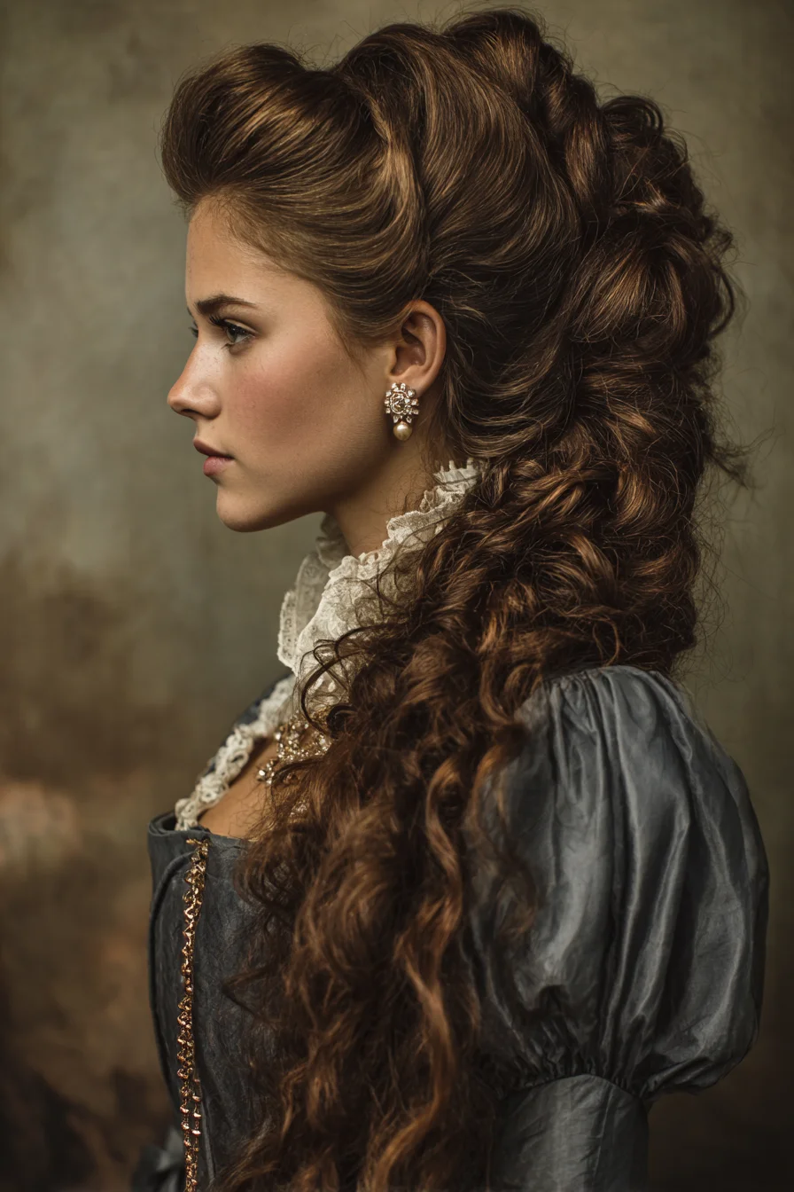 Victorian‑Inspired Voluminous Curly Half‑Up with Pompadour