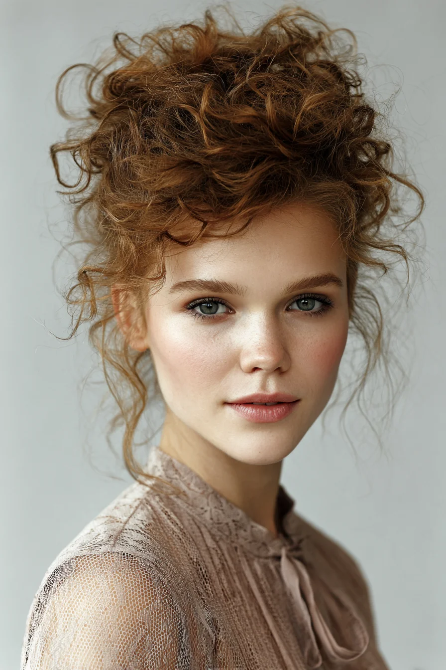 Voluminous Curly Messy Updo with Face‑Framing Tendrils