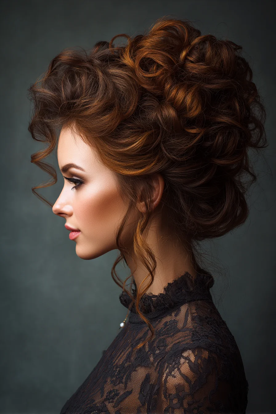 Voluminous Curly Updo with Face‑Framing Tendrils