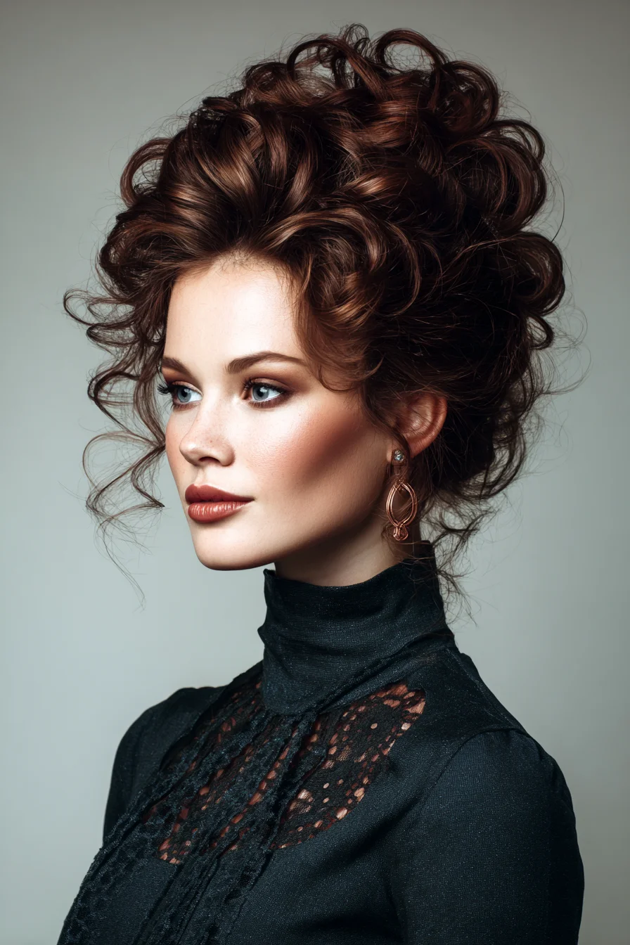 Voluminous Curly Updo with Face‑Framing Tendrils