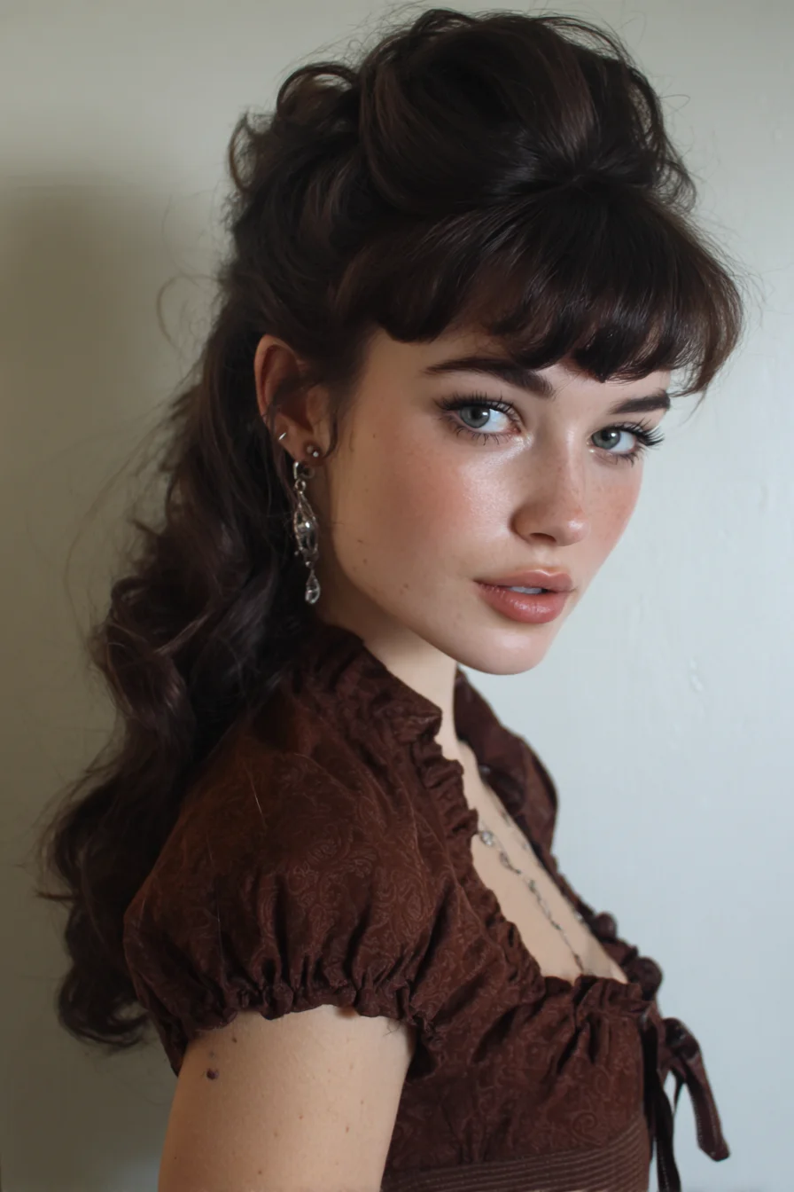 Voluminous Half-Up Bouffant with Loose Curls and Blunt Fringe