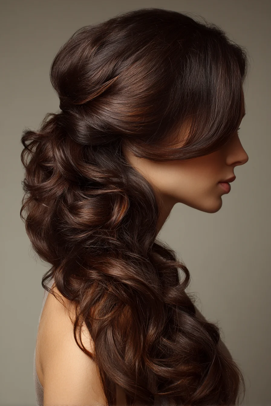 Voluminous Half-Up Curls with Side‑Swept Fringe