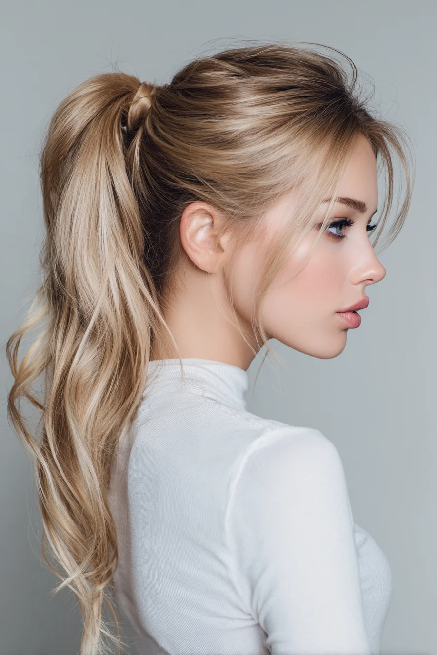 Voluminous High Ponytail with Wrapped Elastic and Beachy Waves