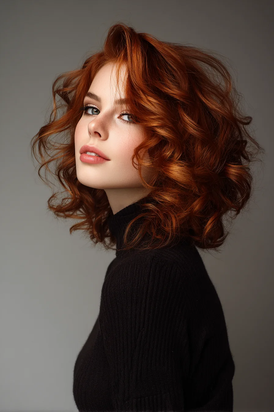 Voluminous Layered Red Curly Bob with Soft Side-Swept Waves